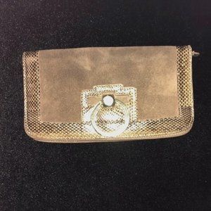 JiMMY CHOO Brown Suede Clutch with Python Trim